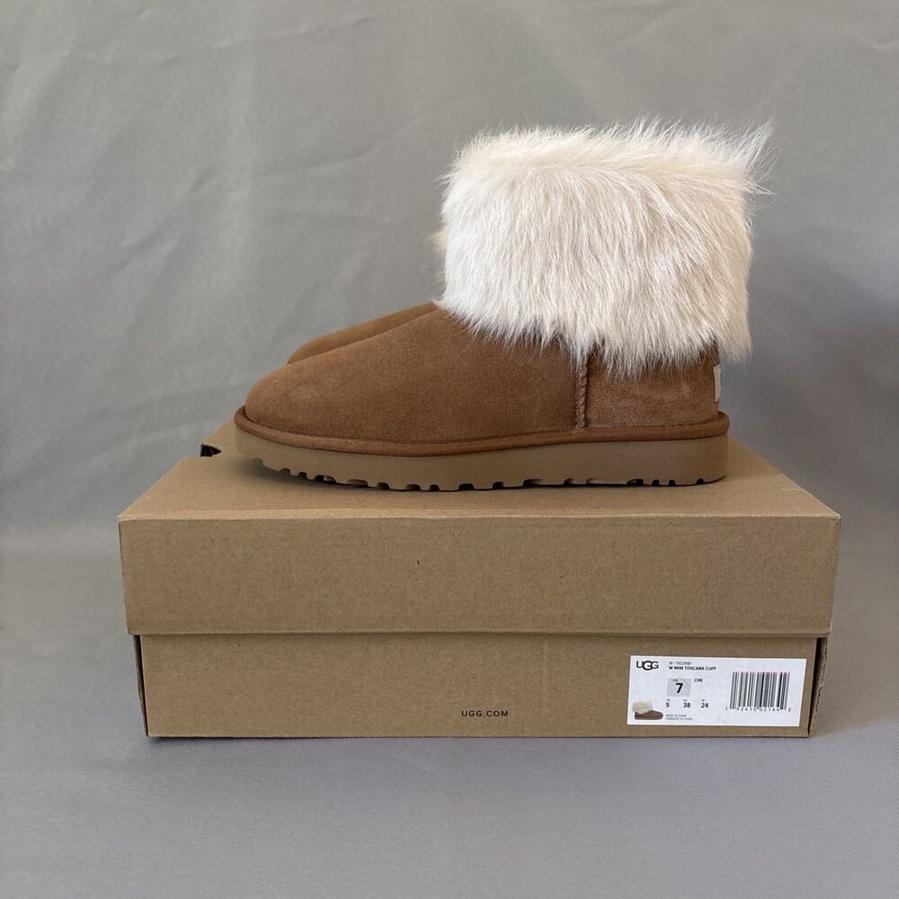 UGG Chestnut Suede Ankle Booties with Ivory Fur Cuff - Picture 5 of 12